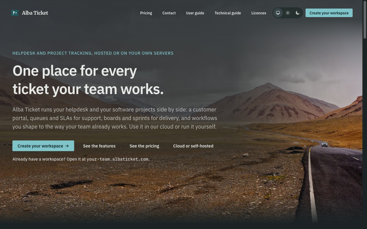 Alba Ticket home page describing helpdesk and project tracking in one platform