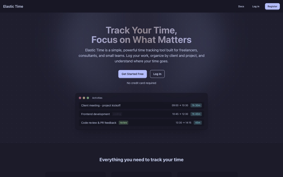 Elastic Time home page showing a list of tracked activities